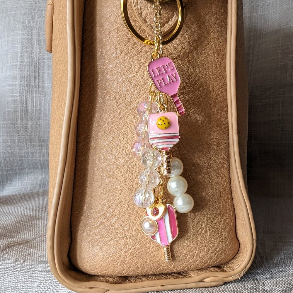 PINK & GOLD PICKLE BALL CHARM FOR HANDBAG PURSE TOTE OR BACKPACK